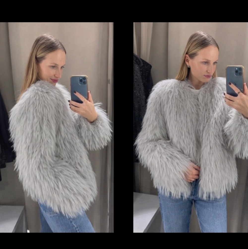 ZARA FAUX FUR GREY COAT SIZE S - Picture 6 of 16